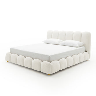 Brent King Gas Lift Bed in Boucle Cream White with scalloped base and vertical channel tufted headboard