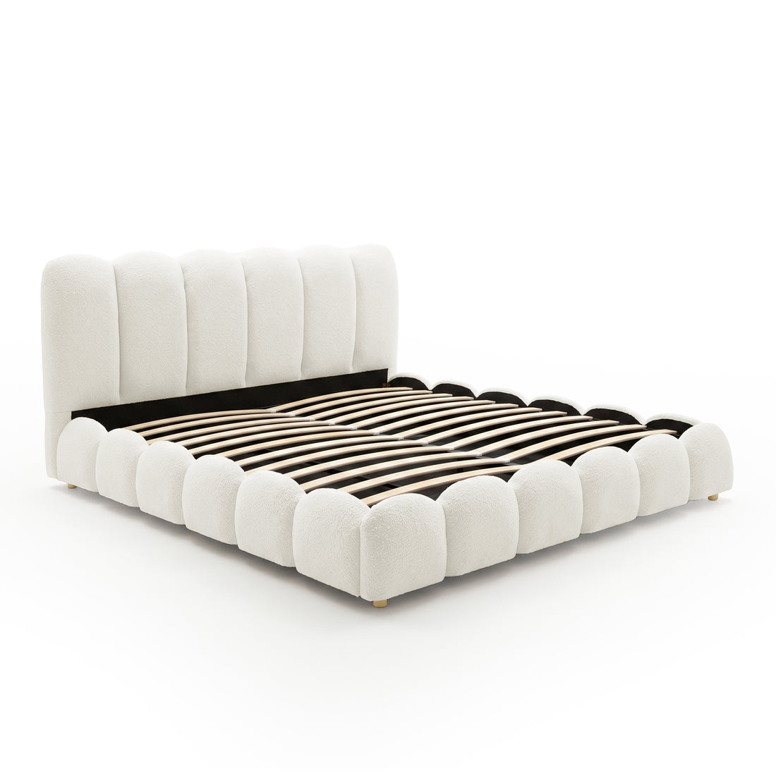 Brent king gas lift bed frame in boucle cream white with curved headboard and footboard, wooden slats, gold legs
