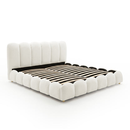 Brent king gas lift bed frame in boucle cream white with curved headboard and footboard, wooden slats, gold legs