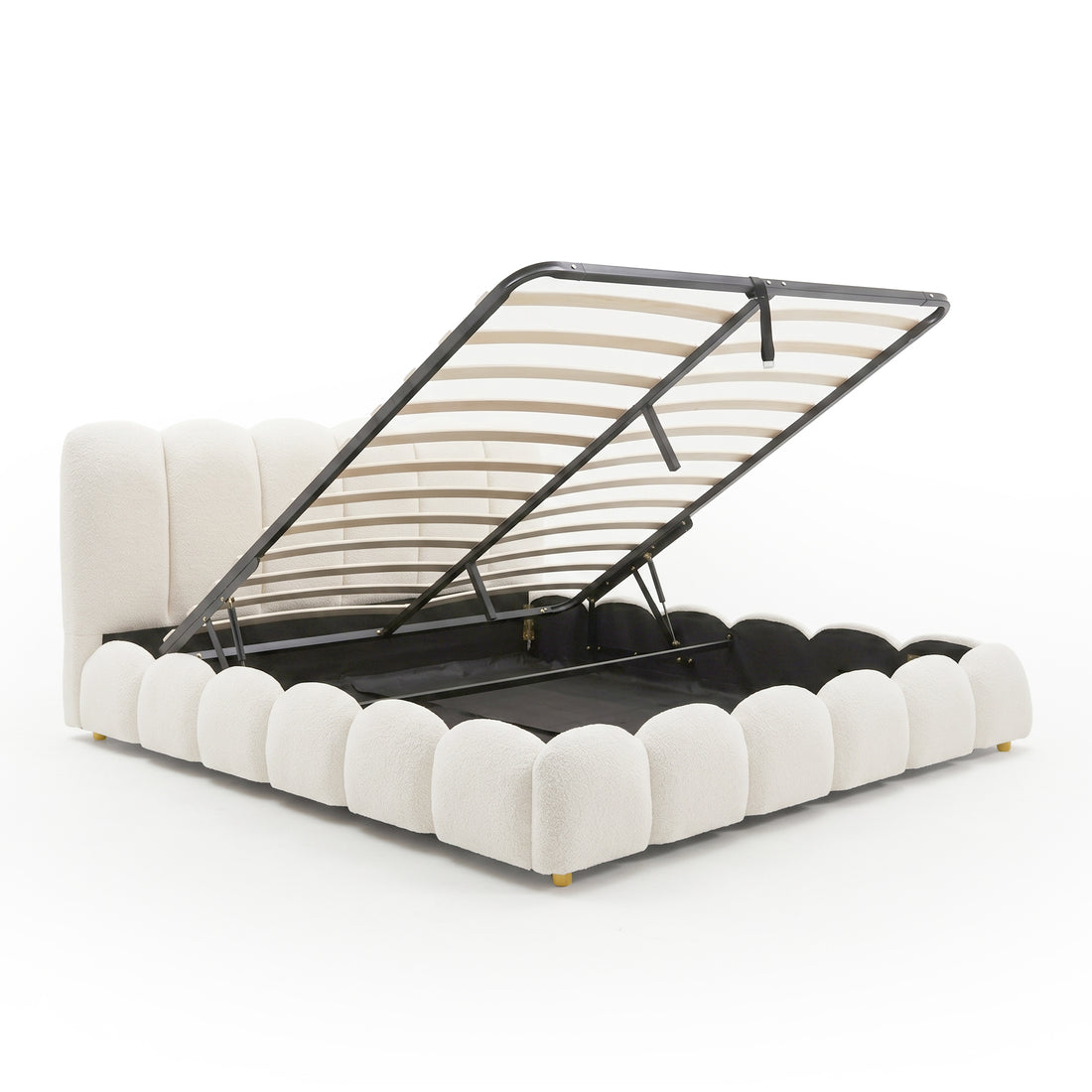 Brent King Gas Lift Bed in Boucle Cream White with scalloped base, lift-up slatted base revealing under-bed storage, small