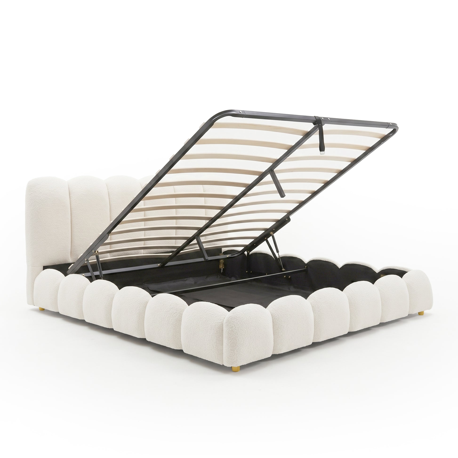 Brent King Gas Lift Bed in Boucle Cream White with scalloped base, lift-up slatted base revealing under-bed storage, small