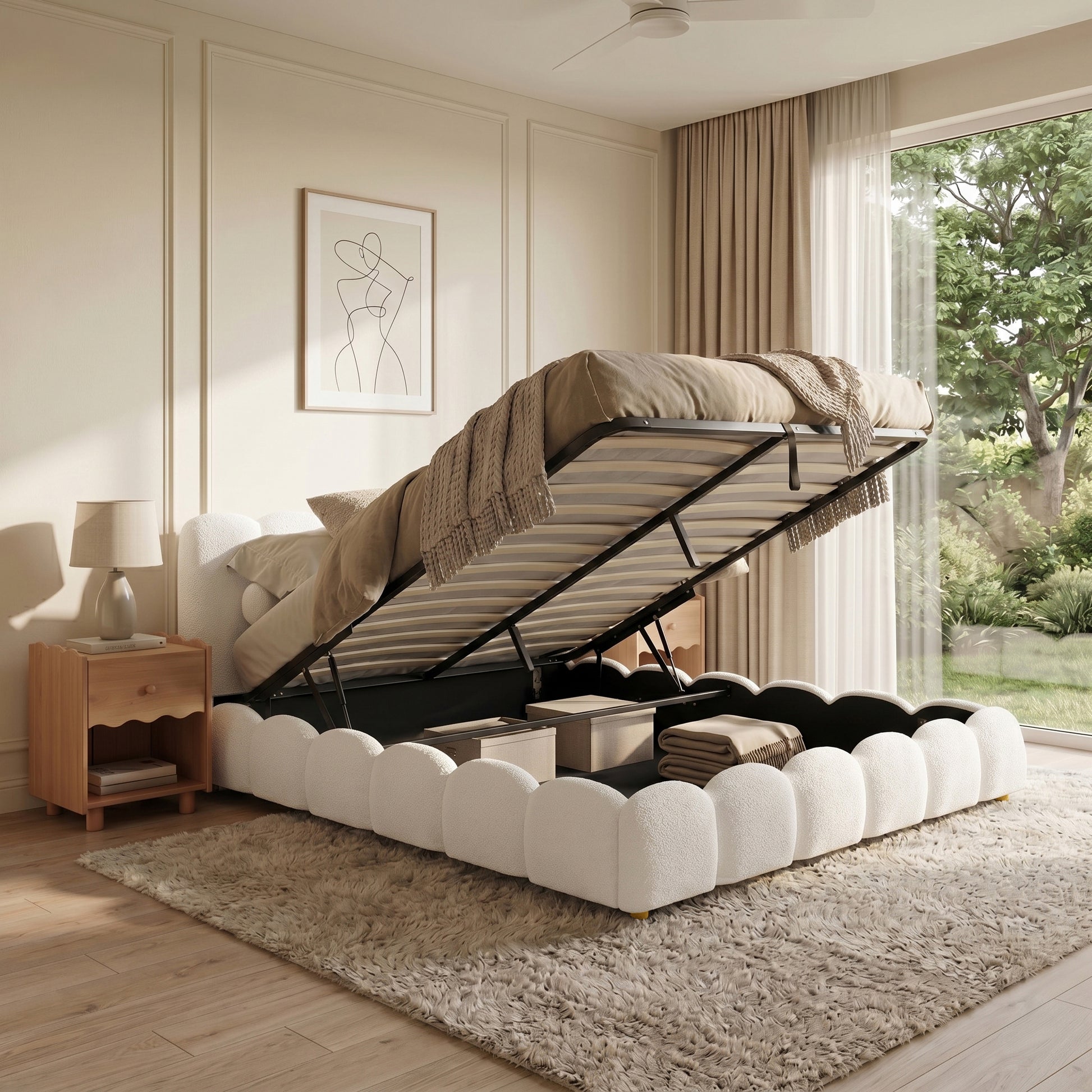 Brent King Gas Lift Bed in Boucle Cream White with scalloped base and lifted mattress revealing under-bed storage