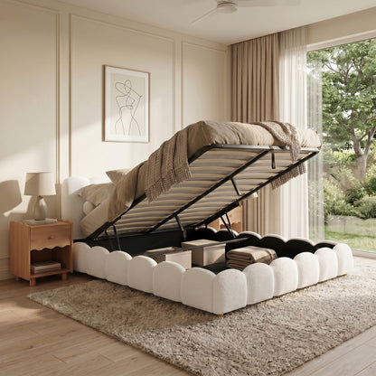 Brent King Gas Lift Bed in Boucle Cream White with scalloped base and lifted mattress revealing under-bed storage
