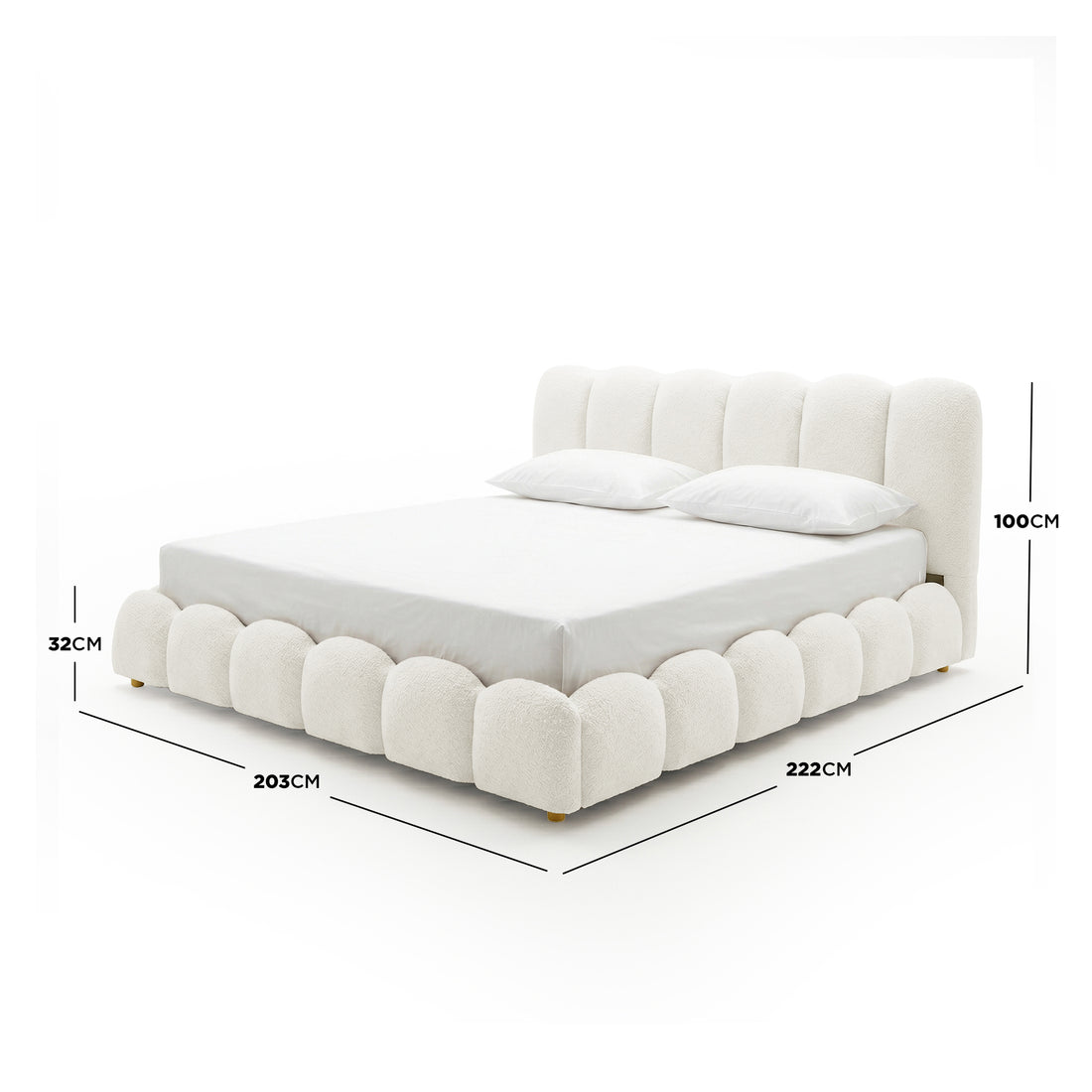 Brent King Gas Lift Bed in Boucle Cream White with scalloped base and vertical tufted headboard, dimensions 222cm x 203cm x
