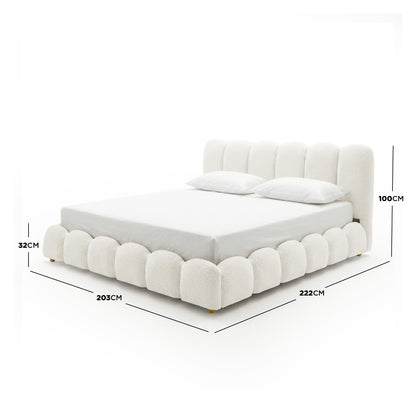 Brent King Gas Lift Bed in Boucle Cream White with scalloped base and vertical tufted headboard, dimensions 222cm x 203cm x