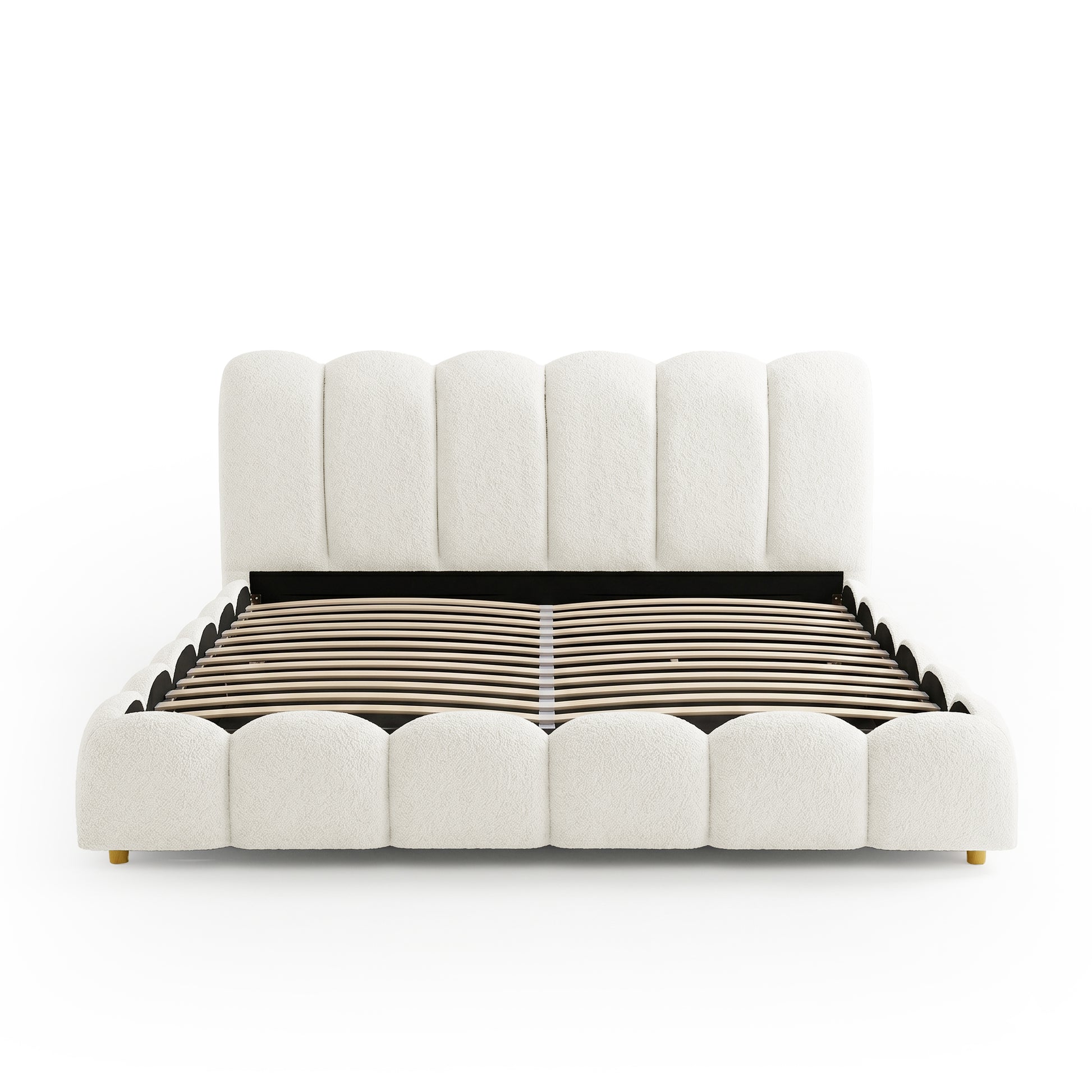 Brent King Gas Lift Bed in Boucle Cream White with scalloped headboard and footboard, wooden slats, and gold legs