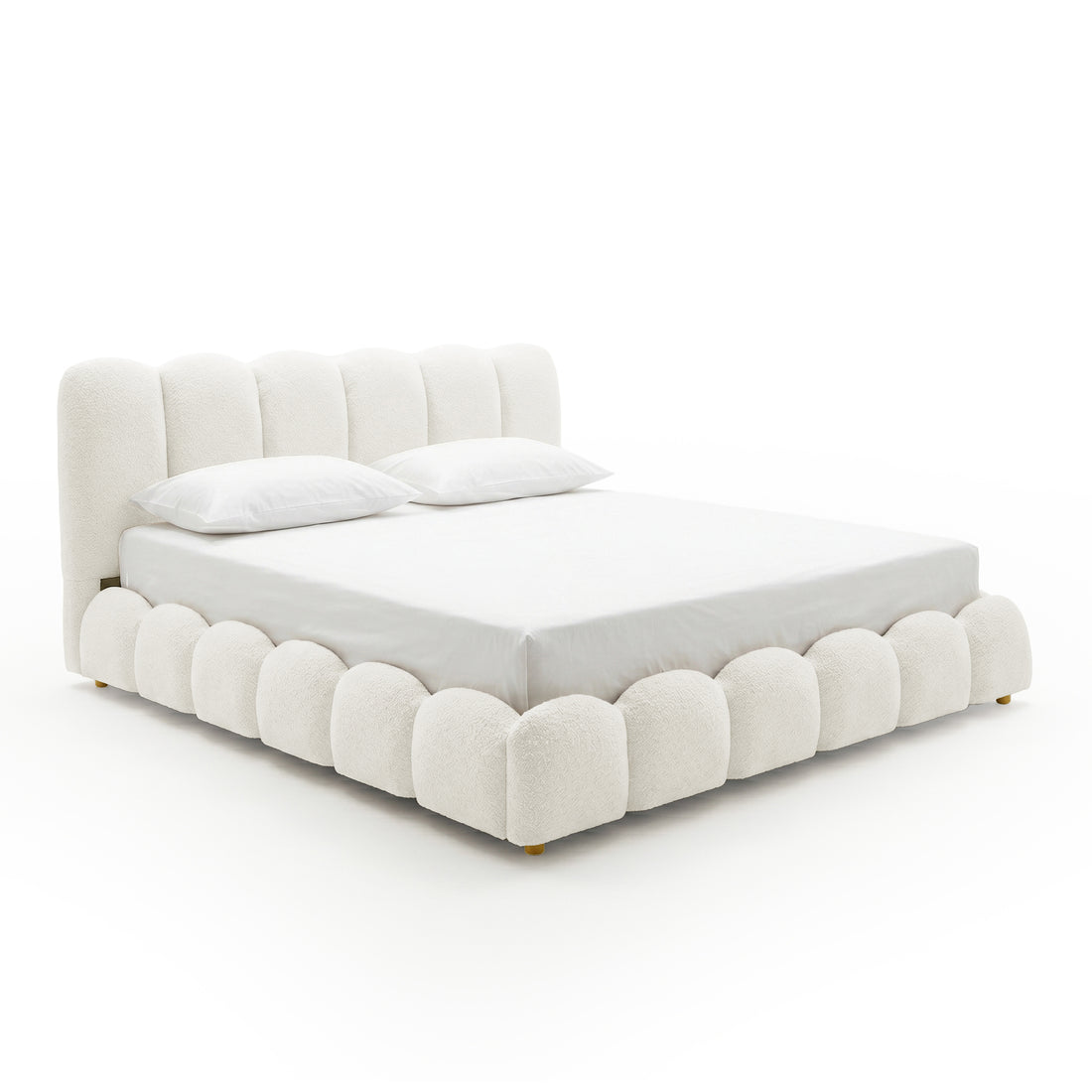 Brent King Gas Lift Bed in Boucle Cream White with scalloped base and vertical channel tufted headboard, shown with white