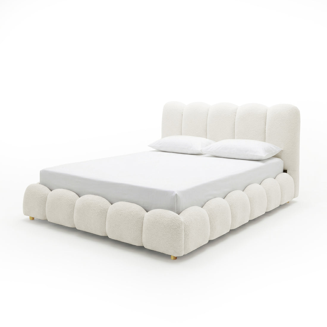 Brent Queen Gas Lift Bed in Cream White with curved boucle upholstered headboard and footboard, gold legs