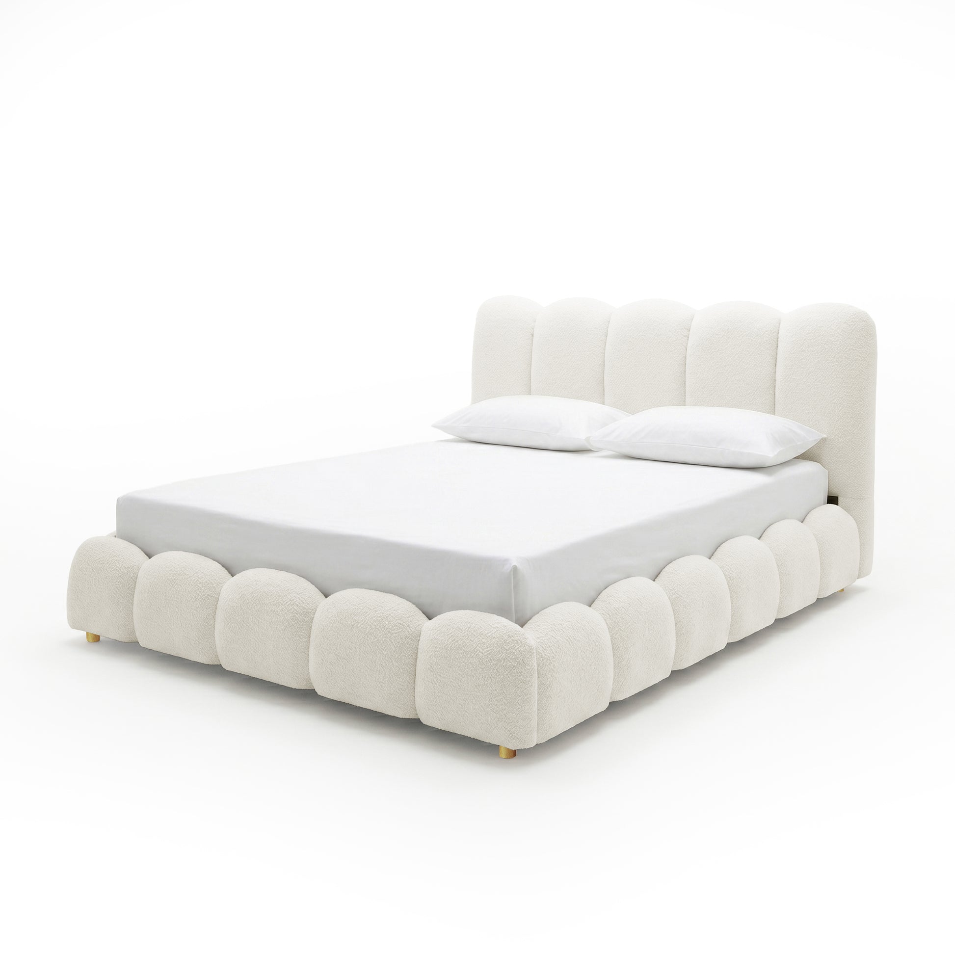Brent Queen Gas Lift Bed in Cream White with curved boucle upholstered headboard and footboard, gold legs