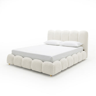Brent Queen Gas Lift Bed in Cream White with curved boucle upholstered headboard and footboard, gold legs