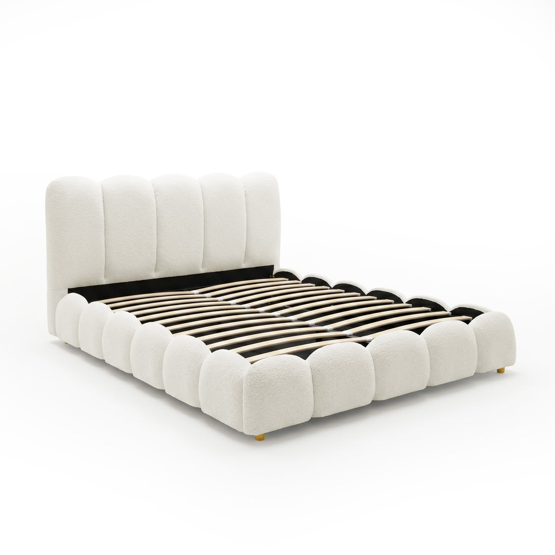 Brent Queen Gas Lift Bed in Cream White with curved upholstered headboard and footboard, wooden slat base, and gold legs
