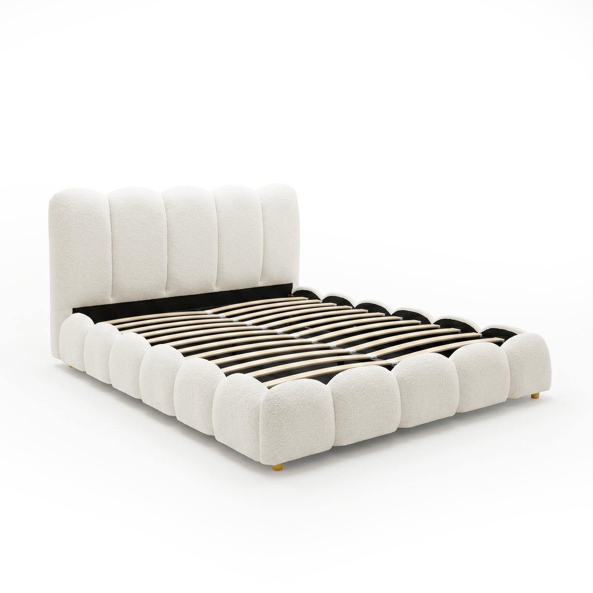 Brent Queen Gas Lift Bed in Cream White with curved upholstered headboard and footboard, wooden slat base, and gold legs
