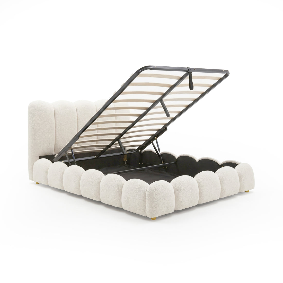 Brent Queen Gas Lift Bed in Cream White with scalloped upholstery, raised slatted base revealing under-bed storage, black