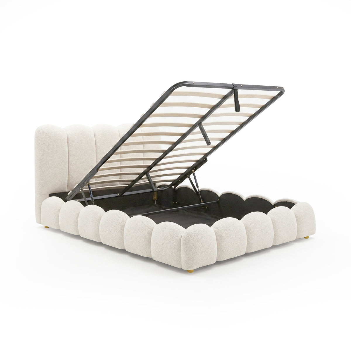 Brent Queen Gas Lift Bed in Cream White with scalloped upholstery, raised slatted base revealing under-bed storage, black