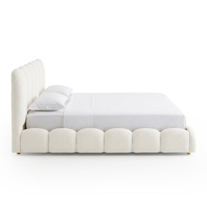 Brent Queen Gas Lift Bed in Cream White with scalloped headboard and footboard, white bedding, gold legs