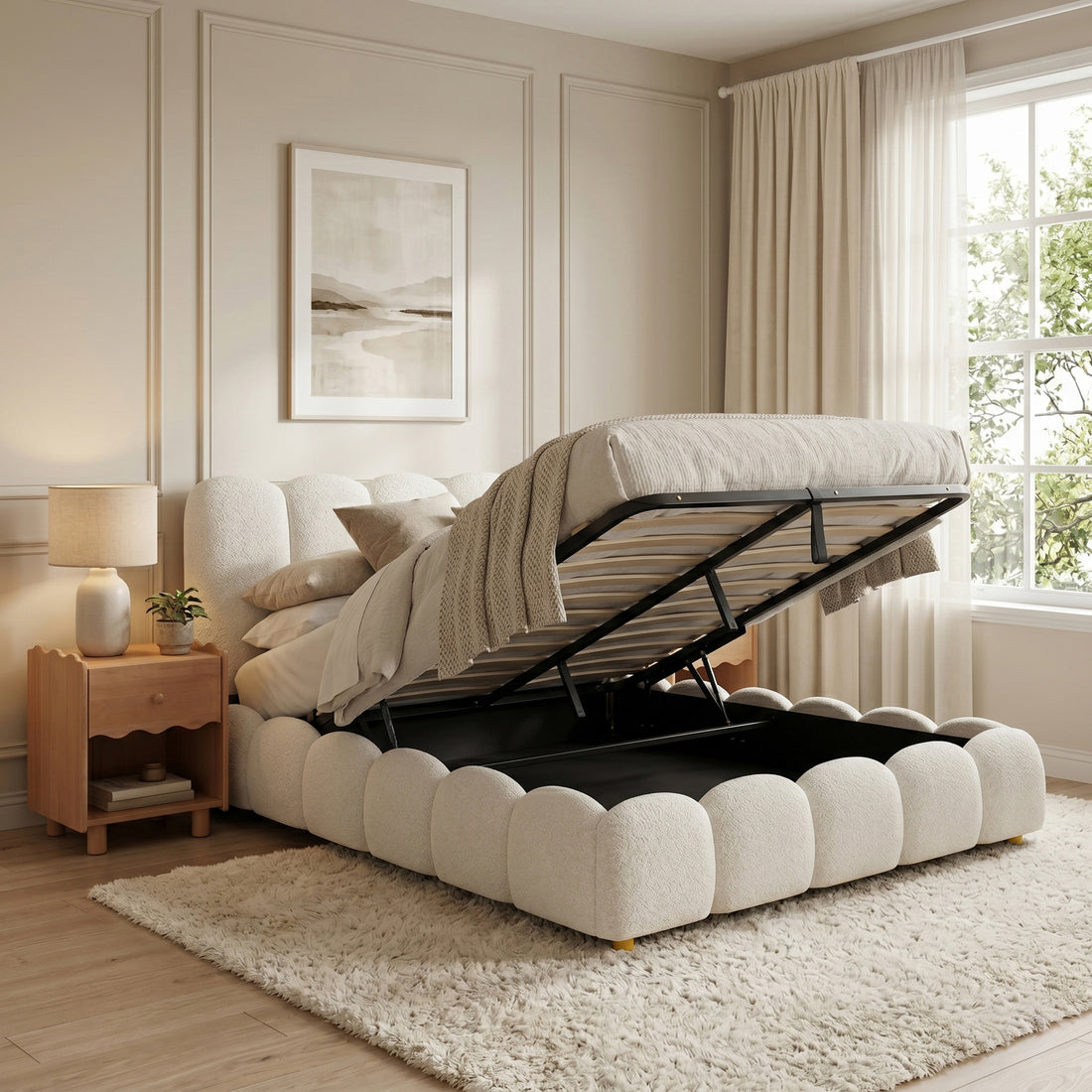 Brent Queen Gas Lift Bed in Cream White with upholstered scalloped frame and black metal lift mechanism, shown with mattress