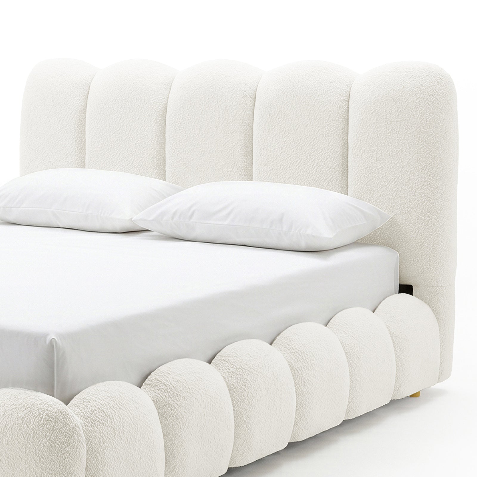 Brent Queen Gas Lift Bed in Cream White with curved boucle headboard and footboard