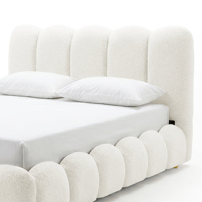 Brent Queen Gas Lift Bed in Cream White with curved boucle headboard and footboard