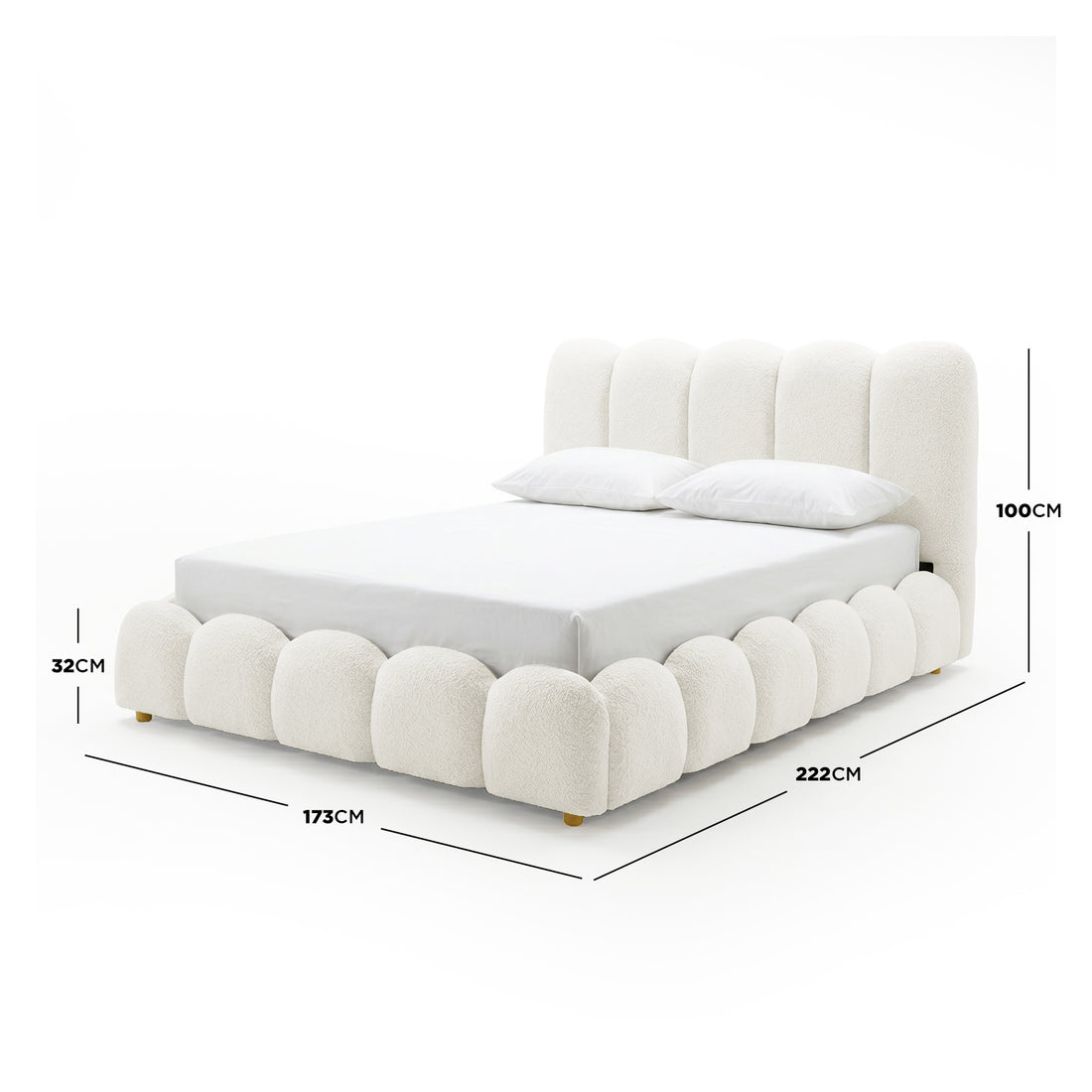 Brent Queen Gas Lift Bed in Cream White with scalloped base, channel-tufted headboard, and gold legs, shown with dimensions