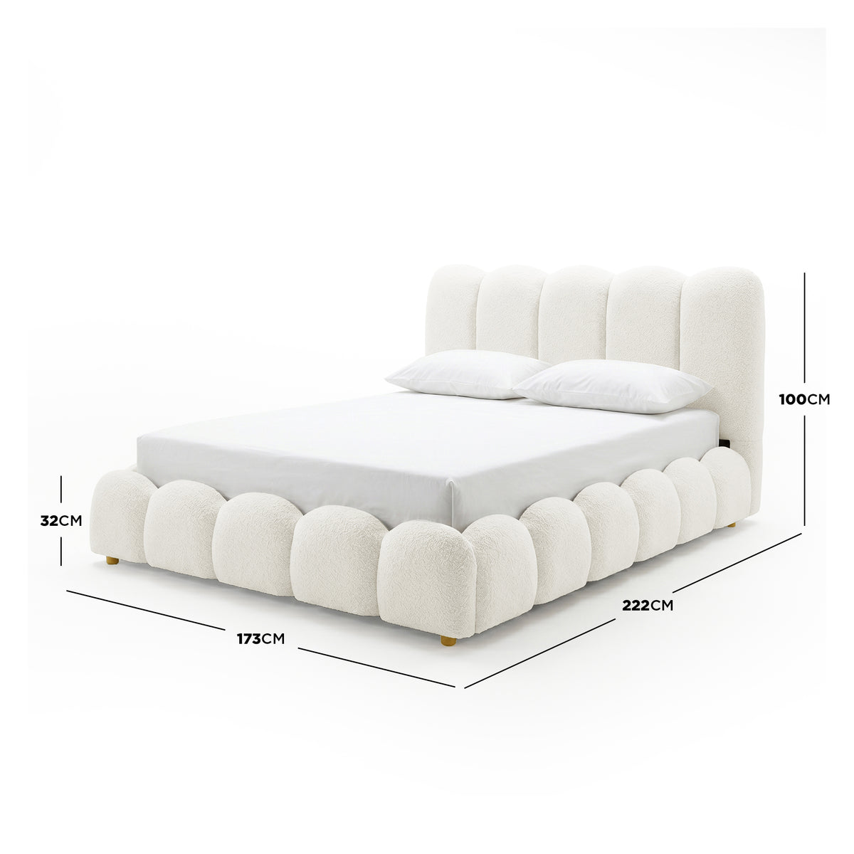 Brent Queen Gas Lift Bed in Cream White with scalloped base, channel-tufted headboard, and gold legs, shown with dimensions