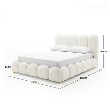 Brent Queen Gas Lift Bed in Cream White with scalloped base, channel-tufted headboard, and gold legs, shown with dimensions