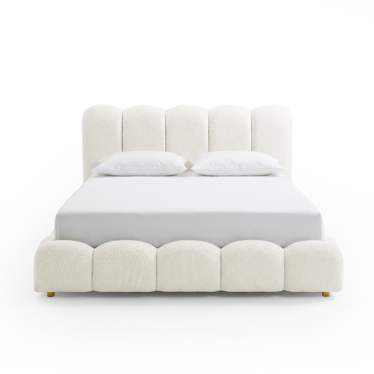 Brent Queen Gas Lift Bed in cream white boucle fabric with scalloped headboard and footboard, gold legs