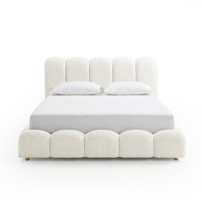 Brent Queen Gas Lift Bed in cream white boucle fabric with scalloped headboard and footboard, gold legs