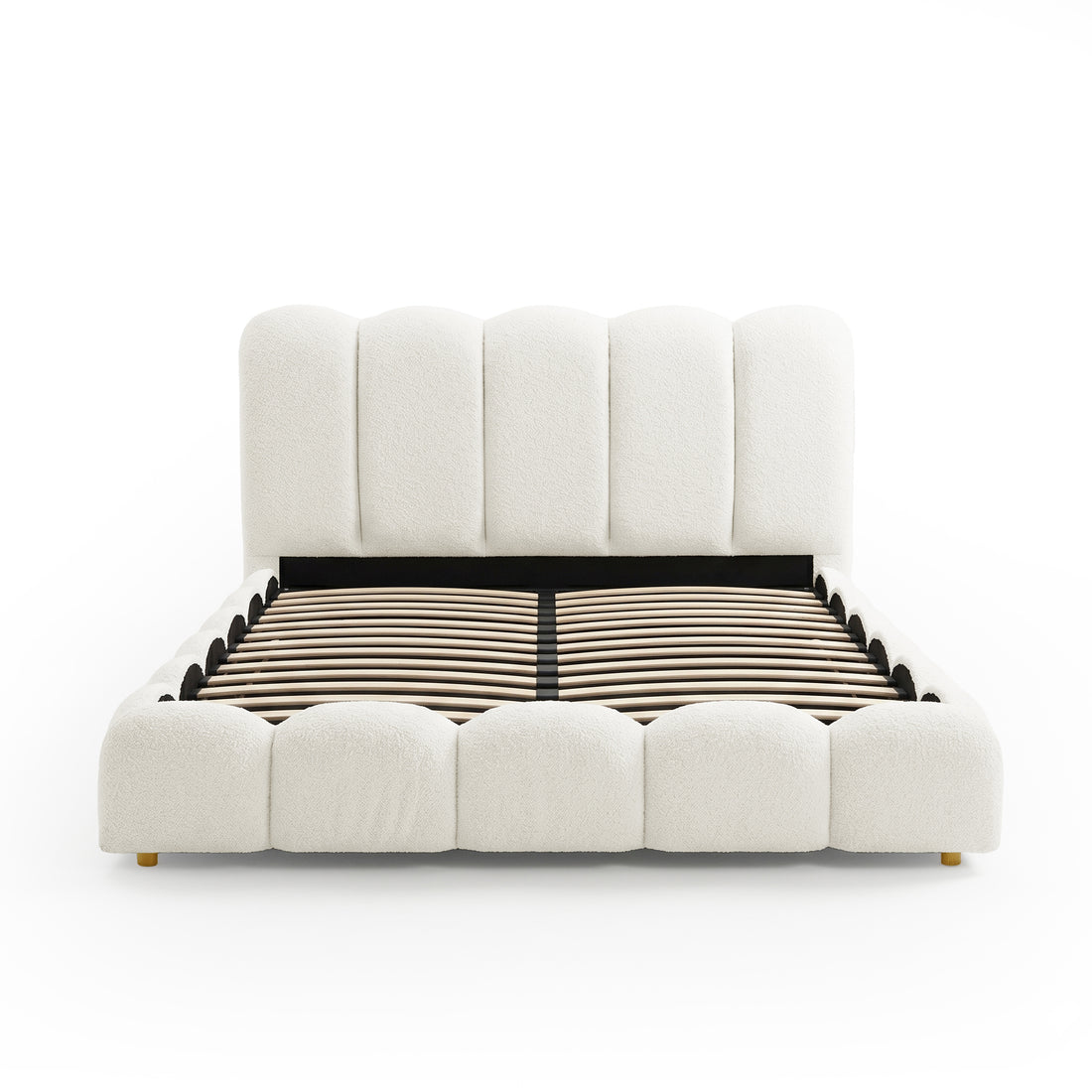 Brent Queen Gas Lift Bed in Cream White with channel tufted headboard and footboard, wooden slats and brass legs