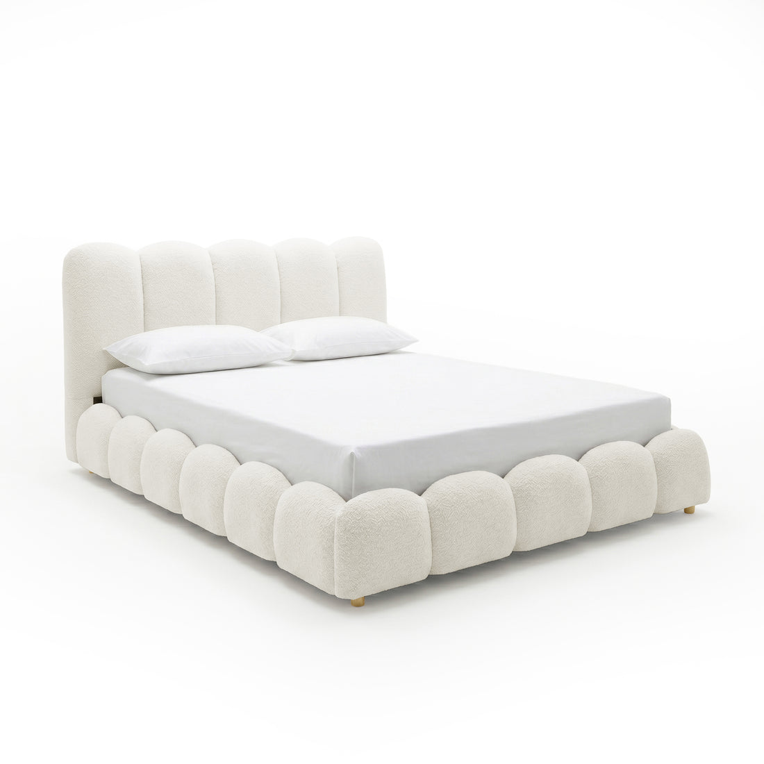 Brent Queen Gas Lift Bed in Cream White with scalloped headboard and footboard, white mattress and pillows, gold legs