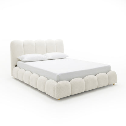 Brent Queen Gas Lift Bed in Cream White with scalloped headboard and footboard, white mattress and pillows, gold legs