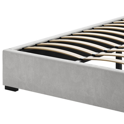 Septima Upholstered Velvet Double Bed Base - Slate; featuring a plush velvet finish and sturdy wooden slats for support, perfect for enhancing bedroom elegance with its sleek and sophisticated design.