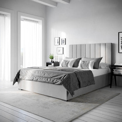 Septima Upholstered Velvet Queen Bed Base in Slate, featuring luxurious velvet upholstery, sleek design, and sturdy wooden structure. Ideal for diverse decor styles, offering a sophisticated bedroom centerpiece.