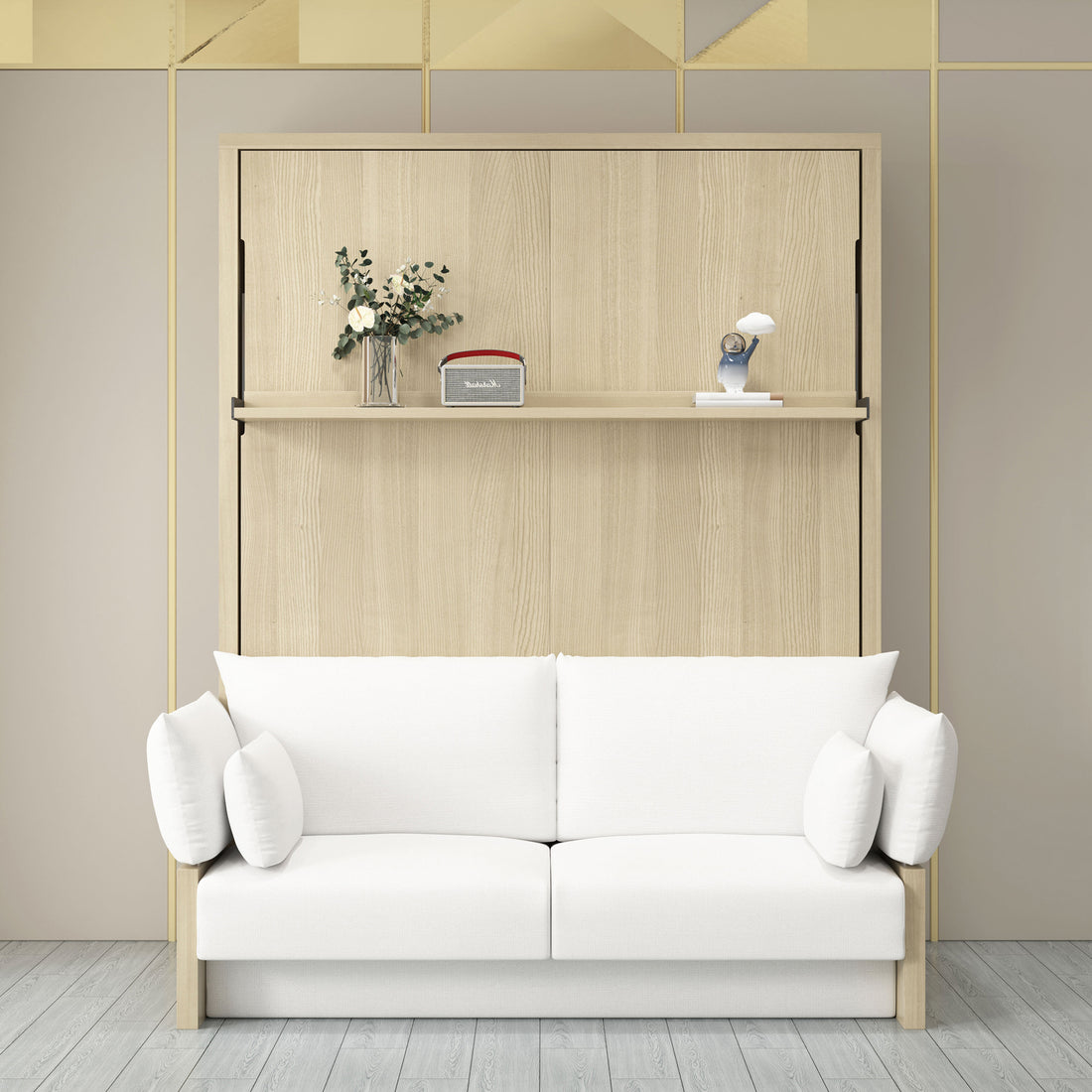 Byron & Cybele Queen Wall Bed & Mattress Package in White, featuring a sleek 2-seater white sofa with matching cushions, set against an oak wall panel with a decorative shelf above.
