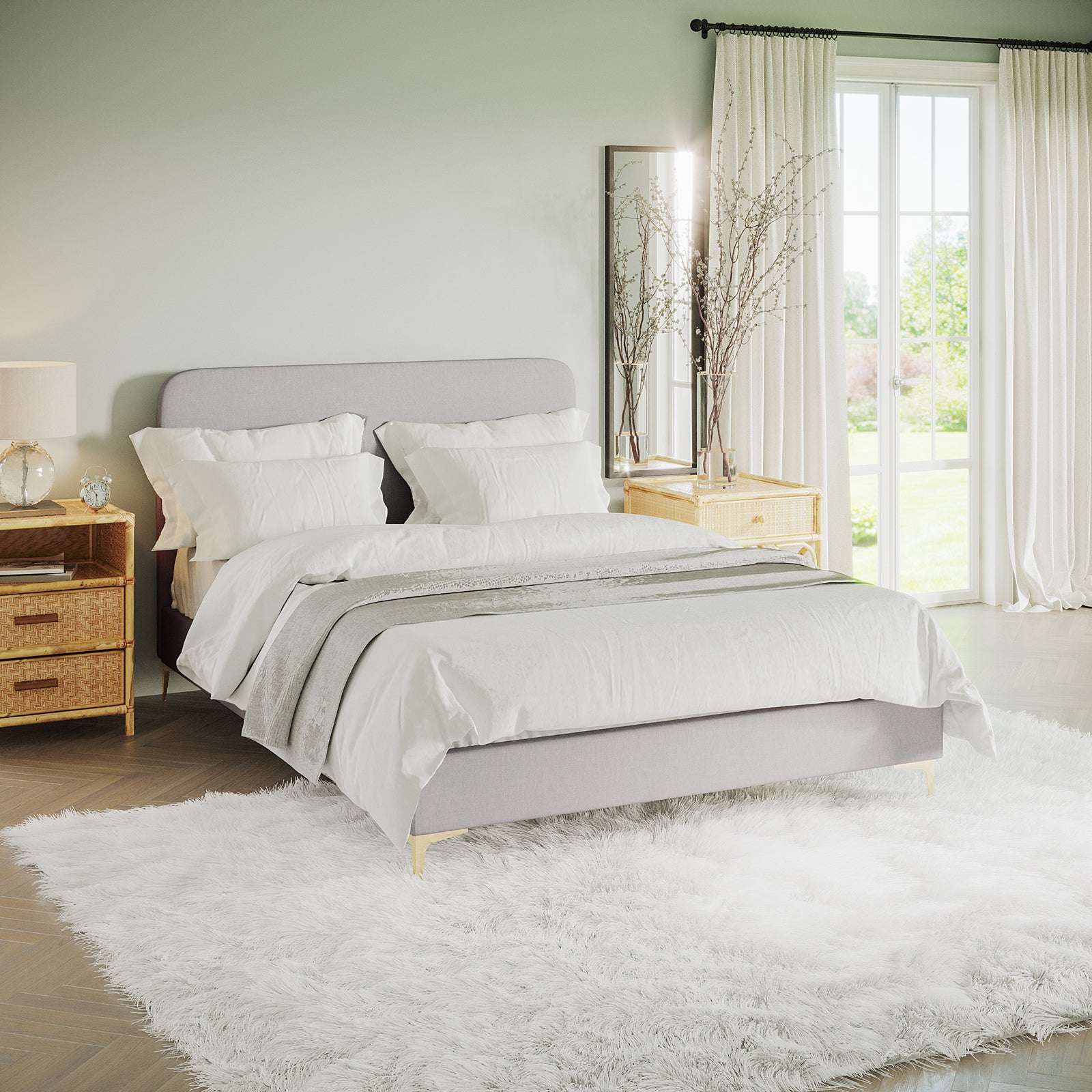 Cammie grey linen fabric double bed frame with padded headboard and gold legs, styled with white bedding