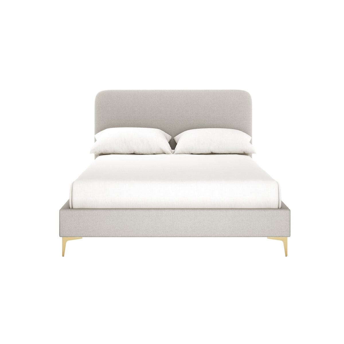 Cammie grey linen fabric double bed frame with curved headboard and gold legs