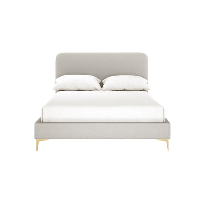Cammie grey linen fabric double bed frame with curved headboard and gold legs