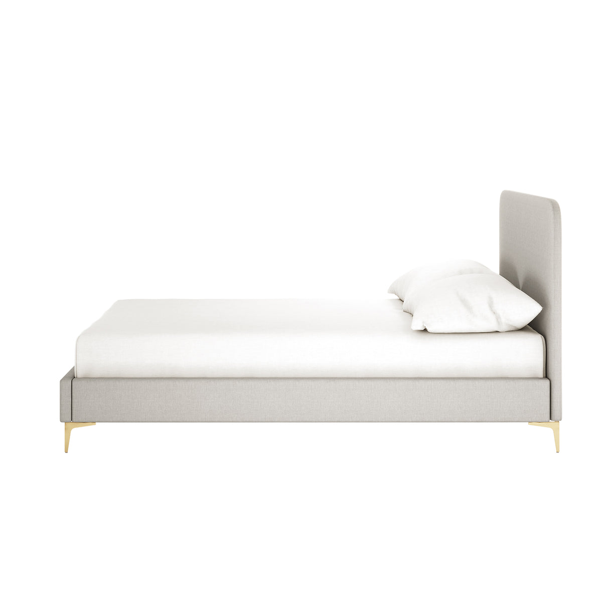 Grey upholstered bed frame with curved headboard, white mattress and pillow, gold tapered legs, side view