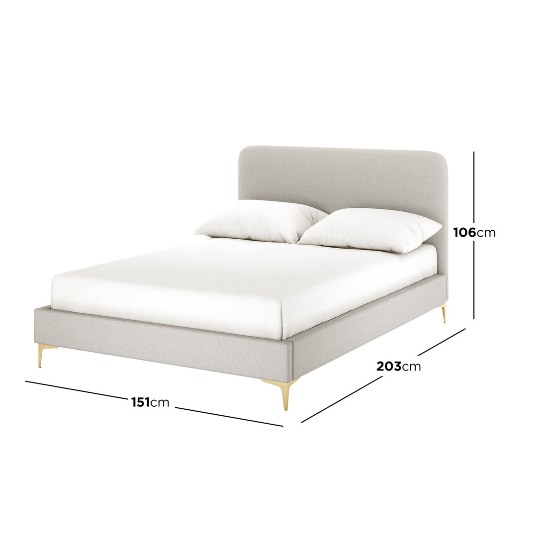 Cammie grey linen fabric double bed frame with curved headboard and gold legs, dimensions 151cm wide x 203cm long x 106cm