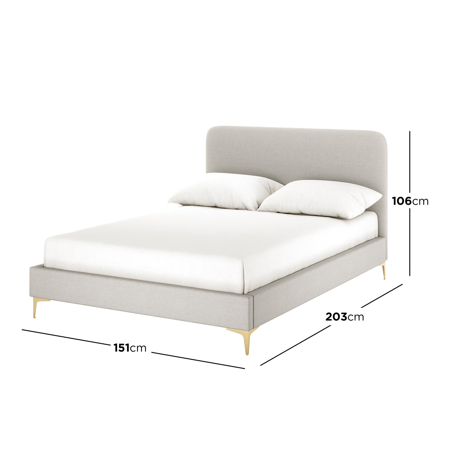 Cammie grey linen fabric double bed frame with curved headboard and gold legs, dimensions 151cm wide x 203cm long x 106cm