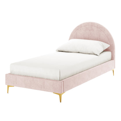Camryn Kids Single Velvet Bed Frame in Soft Pink, featuring a gently arched headboard, plush blush-pink upholstery, and slim gold-colored legs. Includes a simple white mattress and pillow for a modern look.