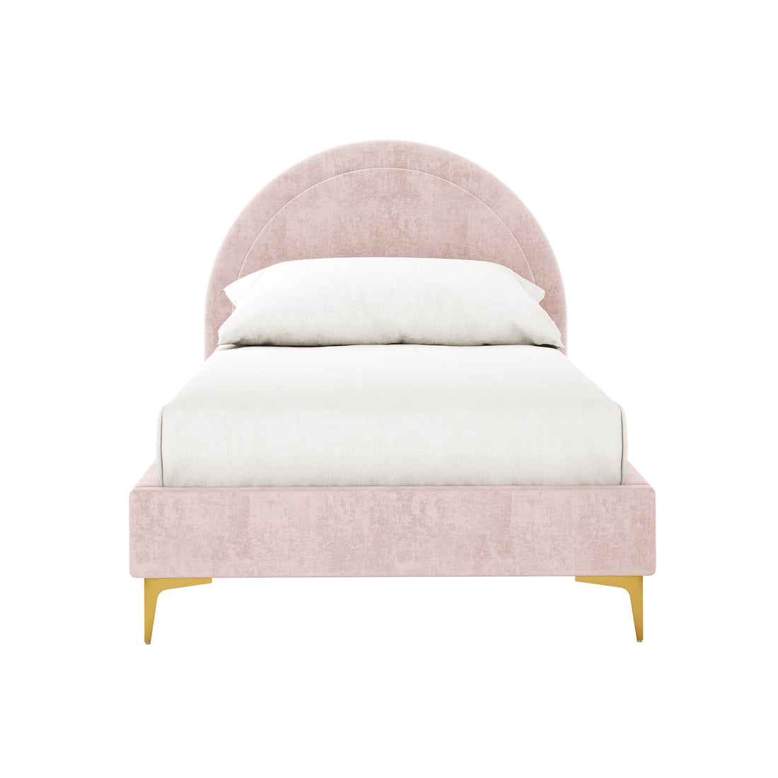Camryn Kids Single Velvet Bed Frame in Soft Pink features a blush-pink velvet upholstery with an arched headboard, gold metallic legs, and white bedding for a stylish and cozy children's bed.