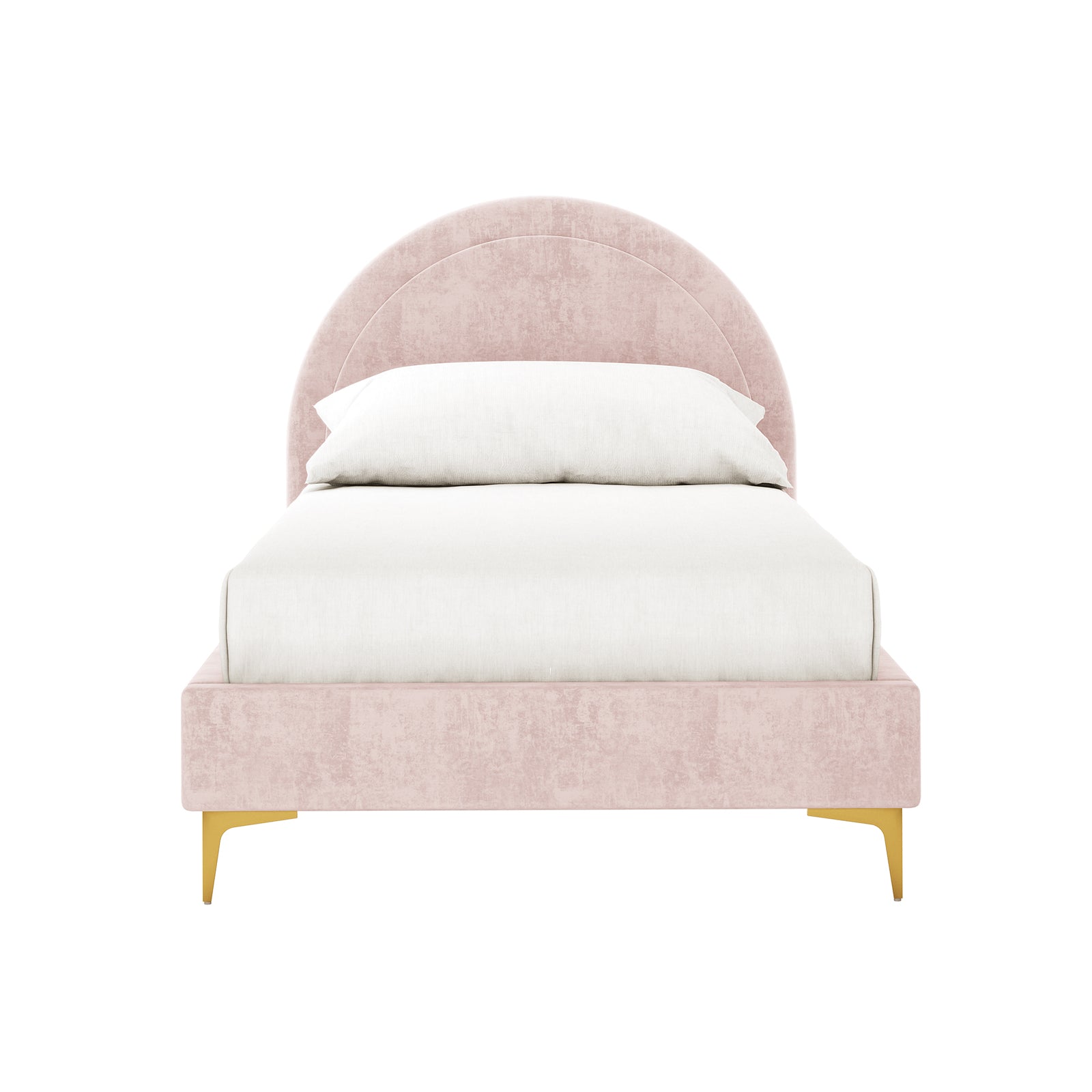 Camryn Kids Single Velvet Bed Frame in Soft Pink features a blush-pink velvet upholstery with an arched headboard, gold metallic legs, and white bedding for a stylish and cozy children's bed.