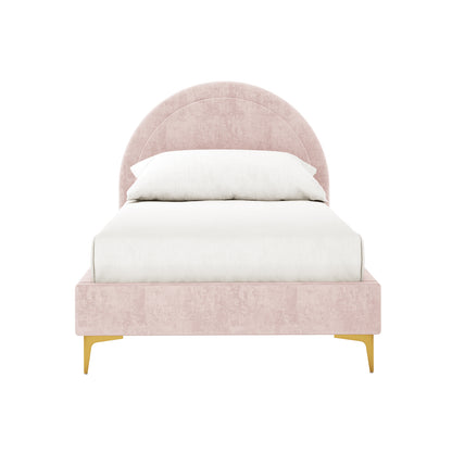 Camryn Kids Single Velvet Bed Frame in Soft Pink features a blush-pink velvet upholstery with an arched headboard, gold metallic legs, and white bedding for a stylish and cozy children's bed.