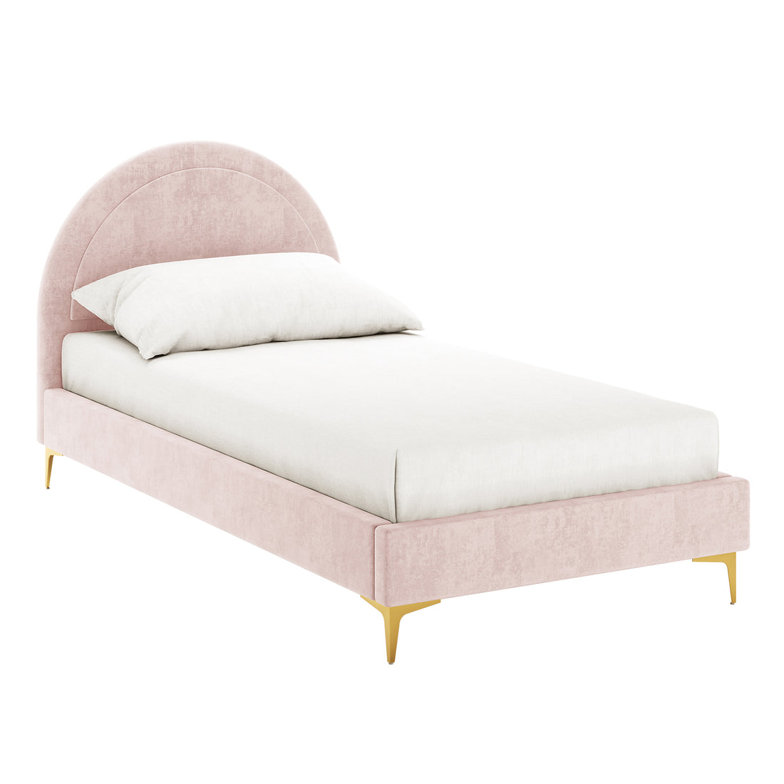 Camryn Kids Single Velvet Bed Frame in Soft Pink features a blush-pink velvet upholstery with a semi-arch headboard, low-profile rails, and slim gold-tone legs, complete with a white mattress and pillow.