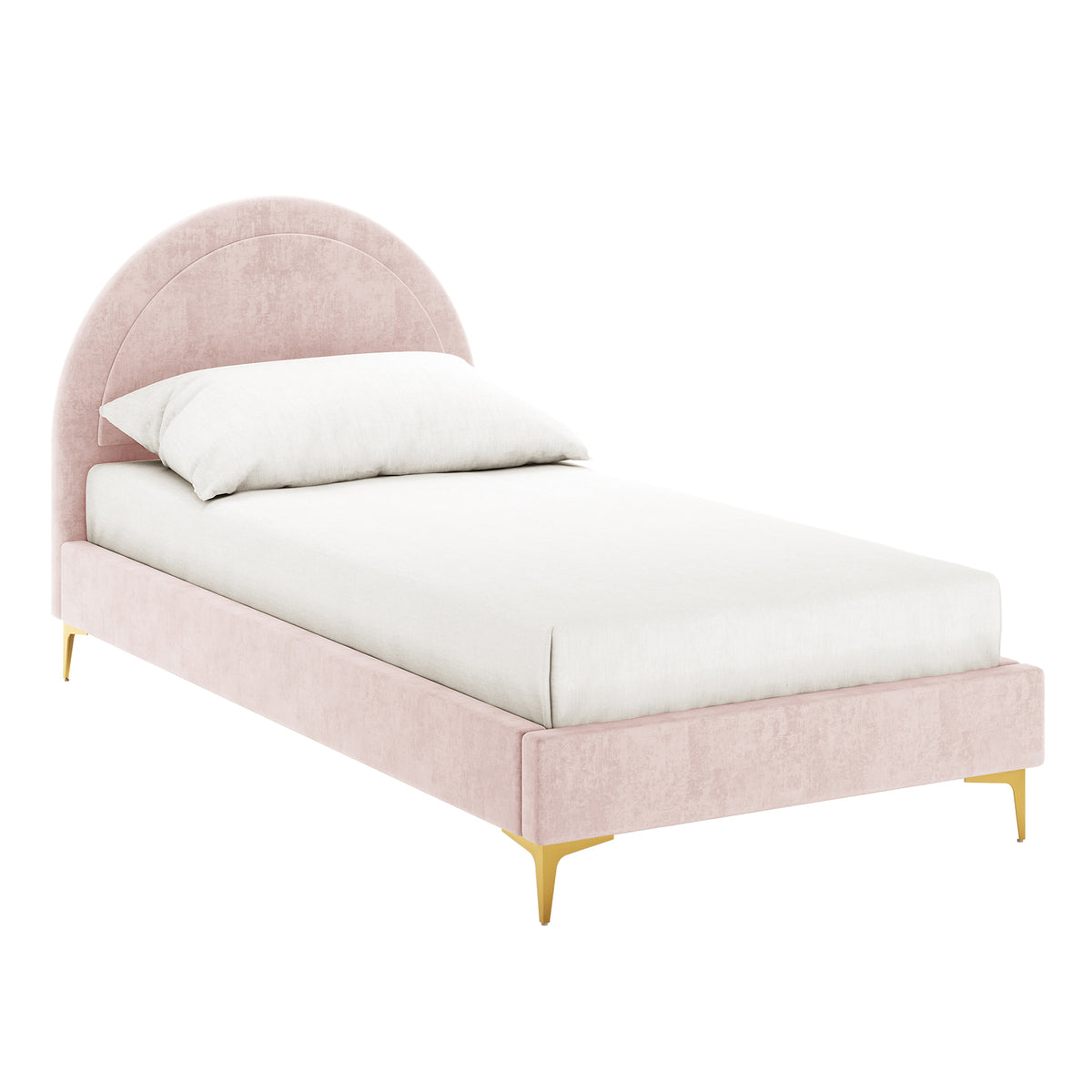 Camryn Kids Single Velvet Bed Frame in Soft Pink features a blush-pink velvet upholstery with a semi-arch headboard, low-profile rails, and slim gold-tone legs, complete with a white mattress and pillow.