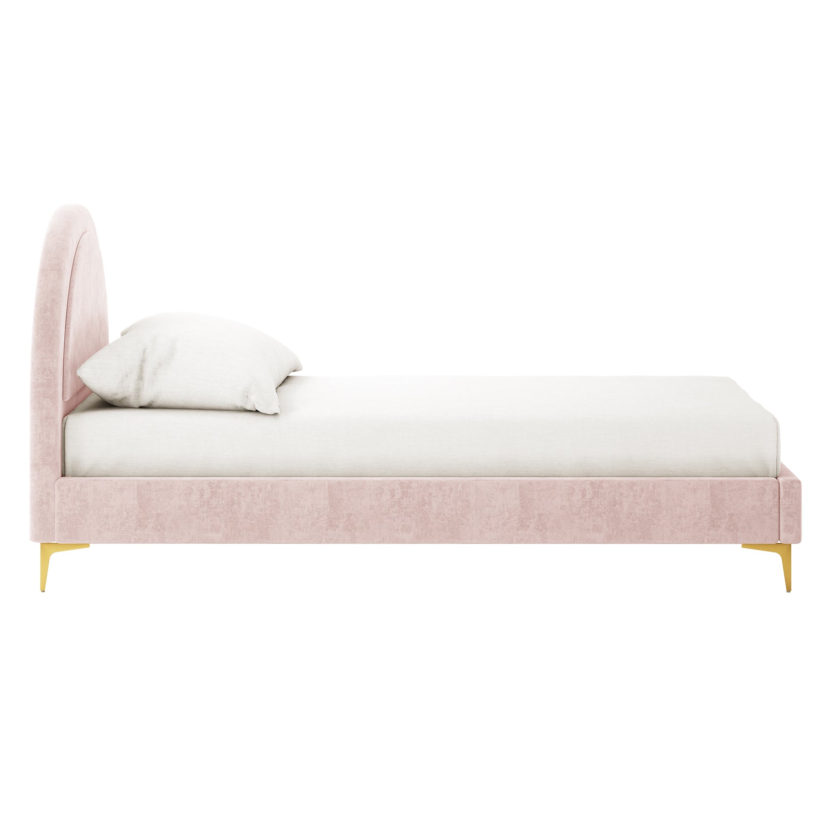 Camryn Kids Single Velvet Bed Frame in Soft Pink, featuring a gently arching headboard and low platform frame, upholstered in pink fabric, with slender metallic legs, topped with a white mattress and pillow.