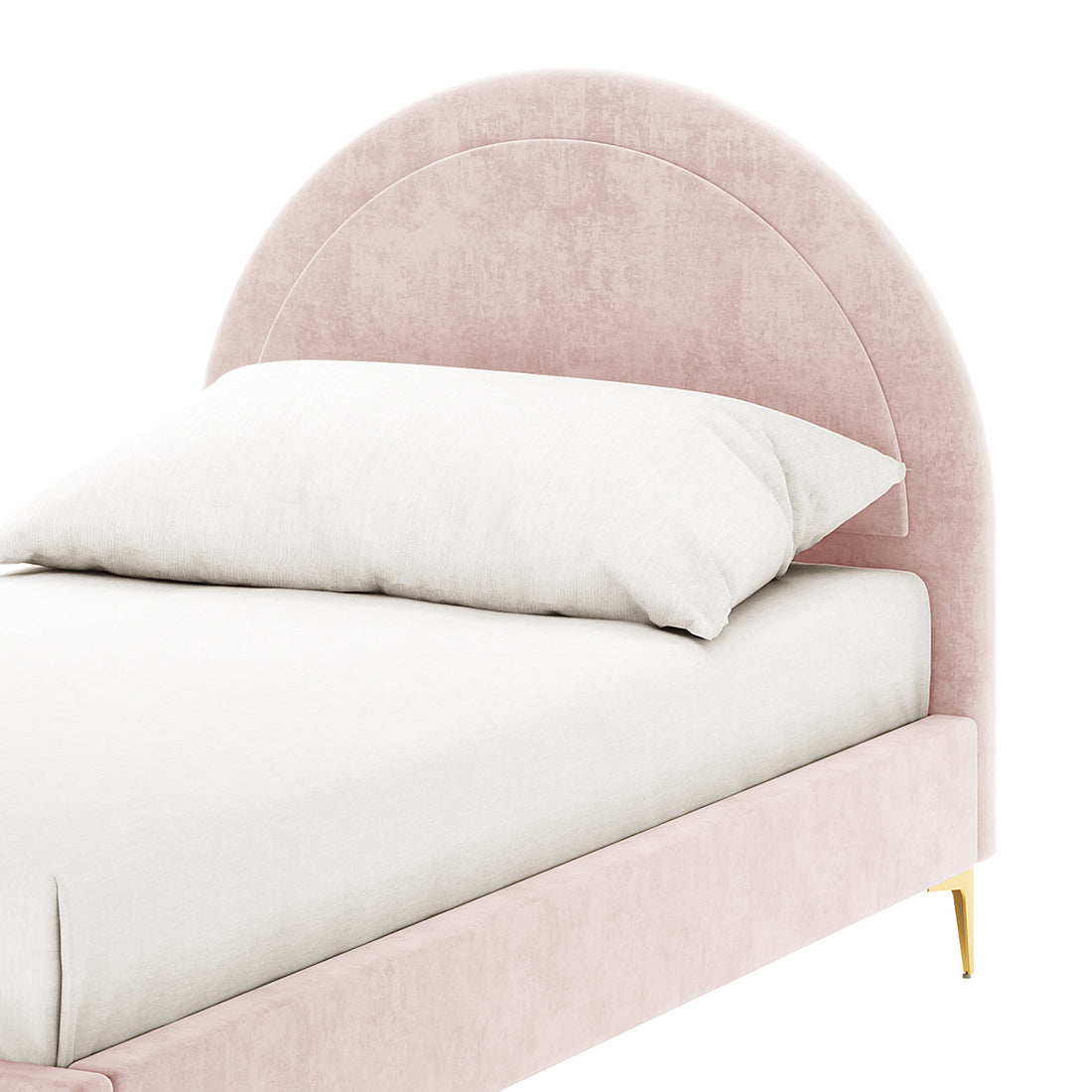 Camryn Kids Single Velvet Bed Frame in Soft Pink features an arched headboard in blush pink velvet, a white mattress, and gold-tone metallic legs, offering elegance and modern charm for children's bedrooms.