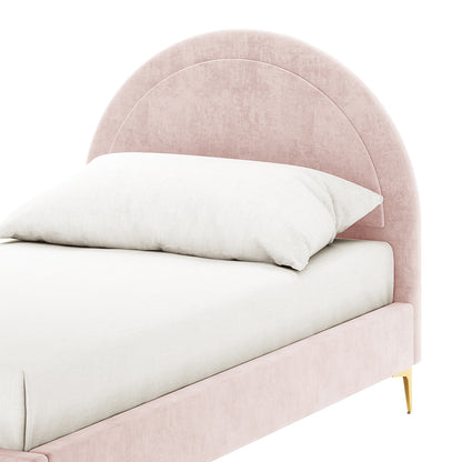Camryn Kids Single Velvet Bed Frame in Soft Pink features an arched headboard in blush pink velvet, a white mattress, and gold-tone metallic legs, offering elegance and modern charm for children's bedrooms.