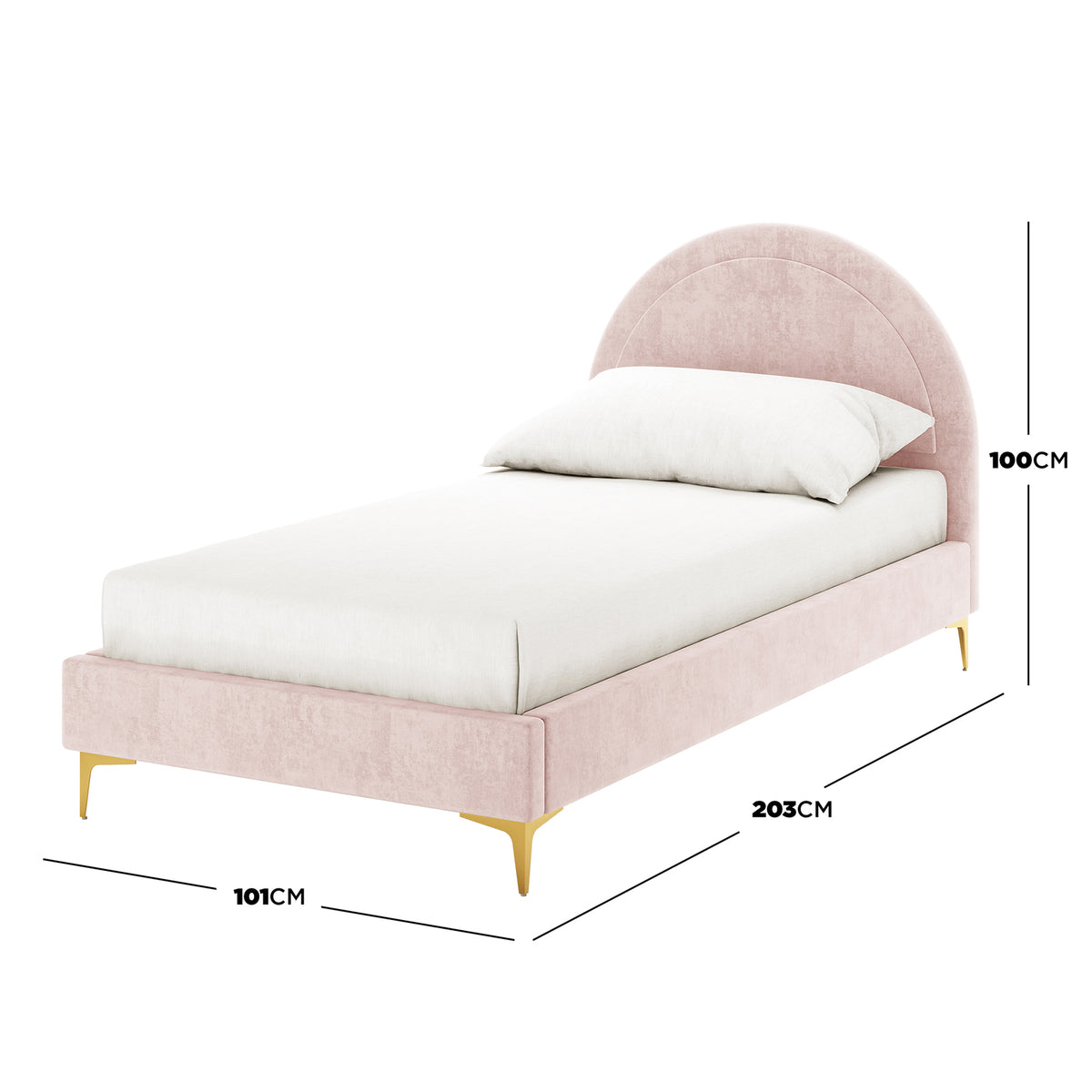 Camryn Kids Single Velvet Bed Frame in Soft Pink features a gently arched headboard, slim gold metal legs, and dimensions: 101cm width, 203cm length, 100cm height. Ideal for a stylish child's bedroom.