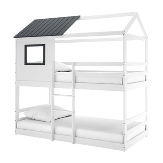Carl Kids Solid Wood Cubby Bunk Bed in White & Grey, featuring a house-shaped frame with a roof, cut-out window panel, and ladder. Includes mattresses, enhancing playful, space-saving bedroom decor.